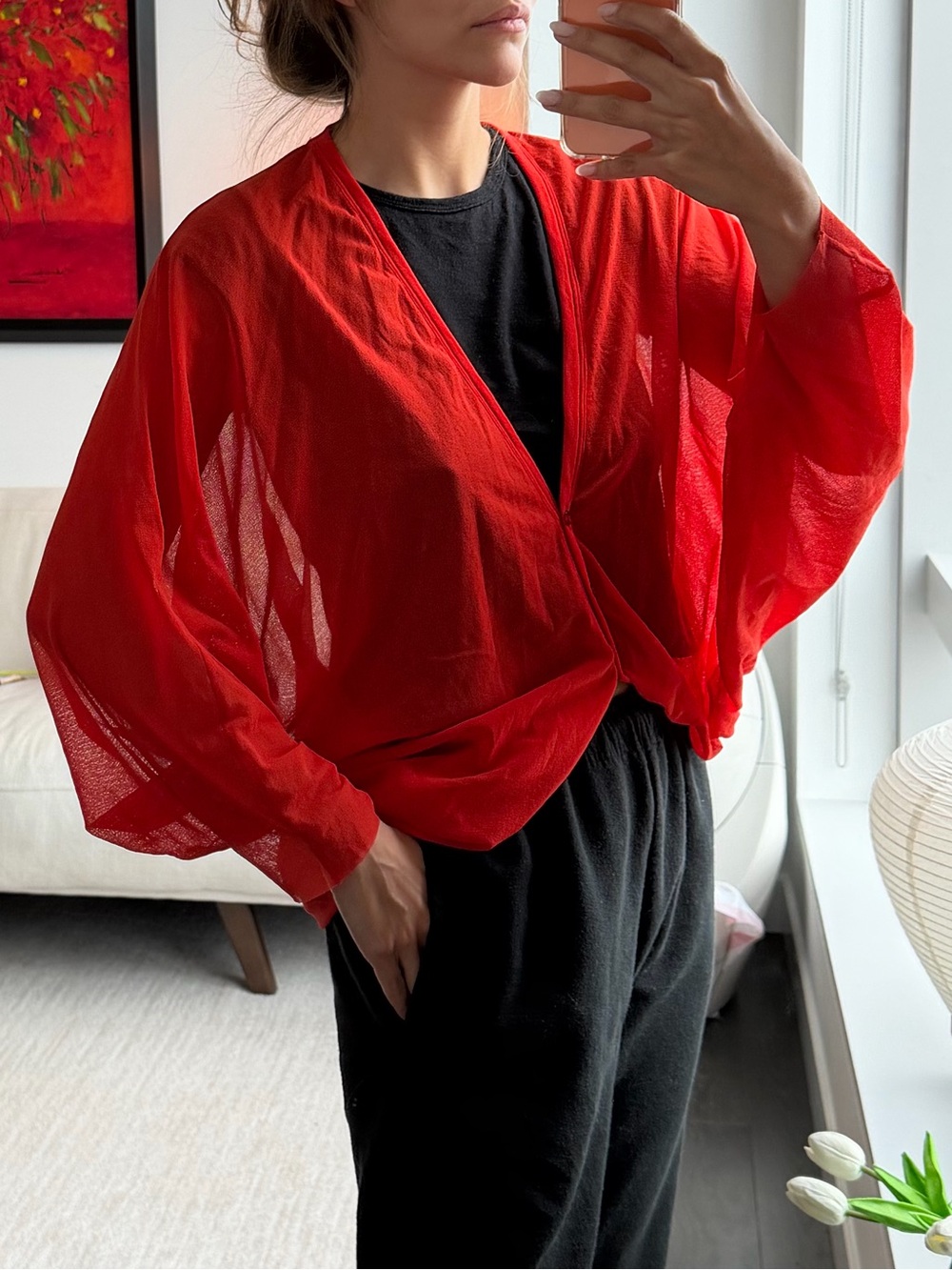 Fuzzi Sheer Red Mesh Cardigan Made in Italy Size Medium